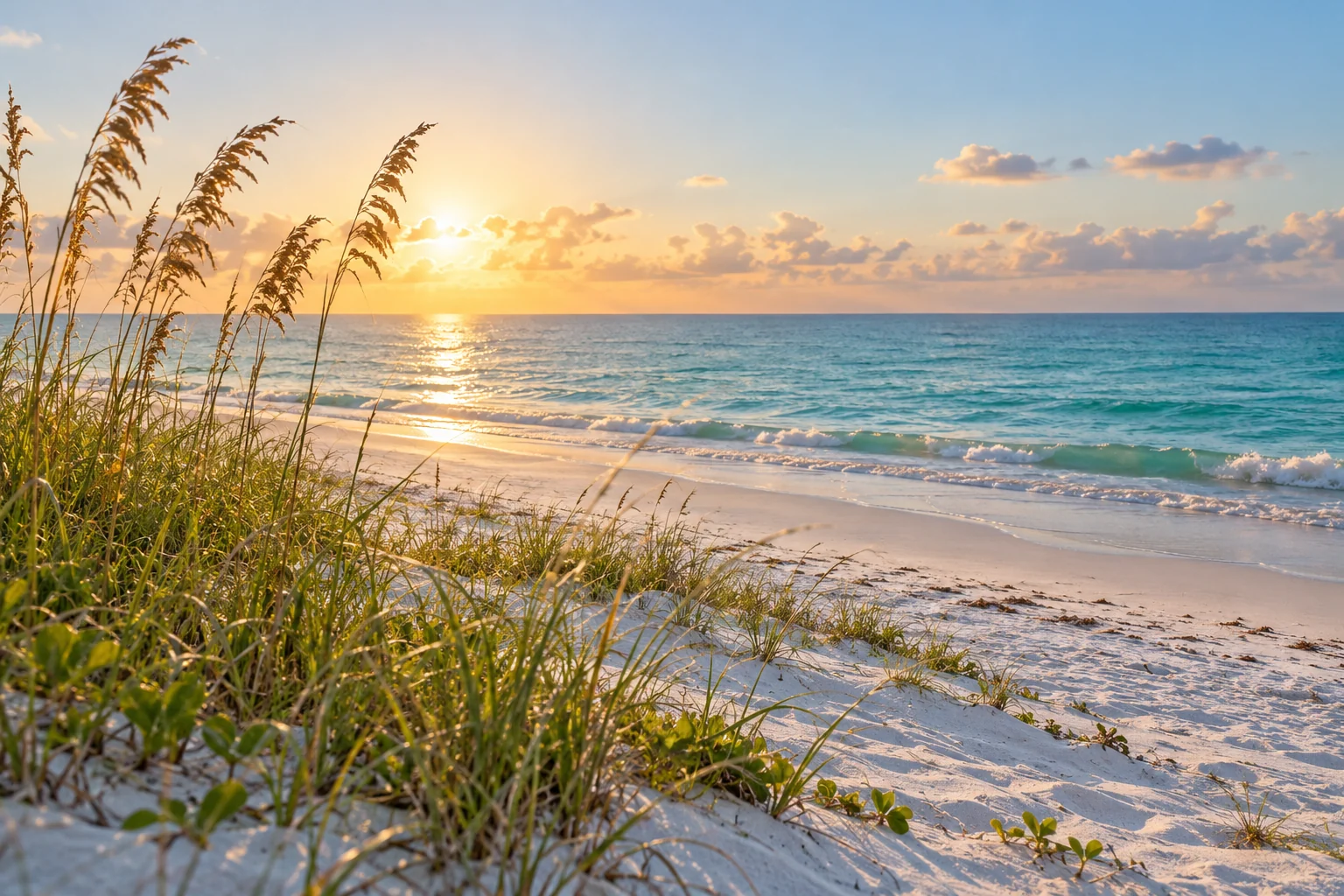 Sarasota-inspired scene of white Gulf Coast sand, sea oats and turquoise water