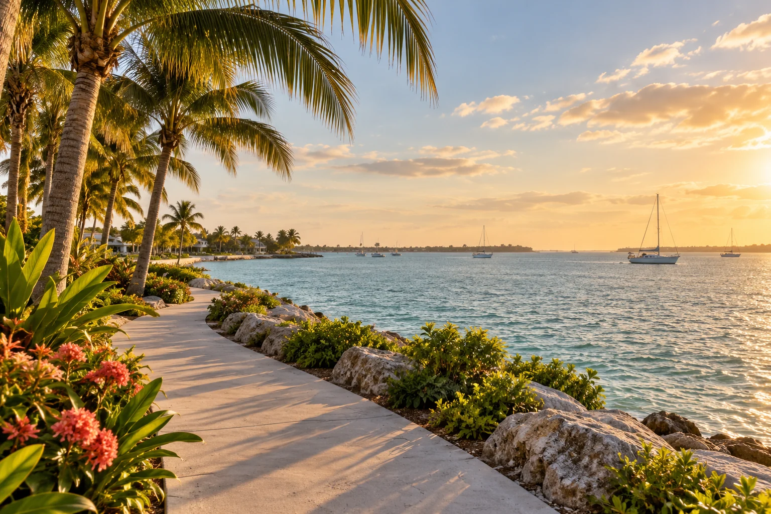 Sarasota-inspired waterfront promenade with palms and sailboats on the bay