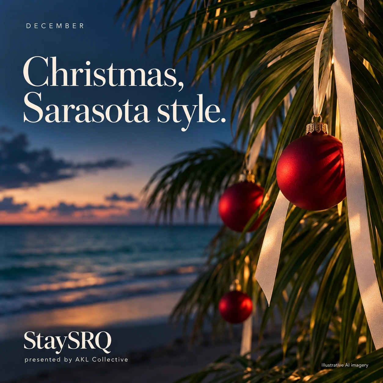 Christmas ornaments on a palm by the beach: Christmas, Sarasota style. StaySRQ, presented by AKL Collective. Illustrative AI imagery.