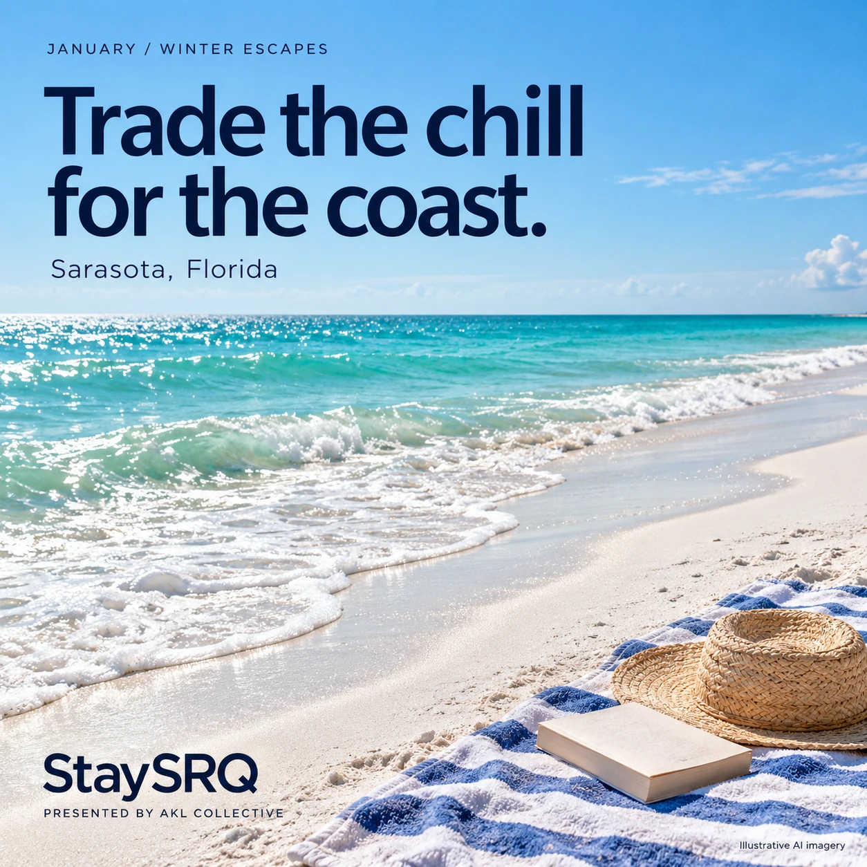 Turquoise Gulf water and a hat and book on a beach towel: Trade the chill for the coast. Sarasota, Florida. StaySRQ, presented by AKL Collective. Illustrative AI imagery.