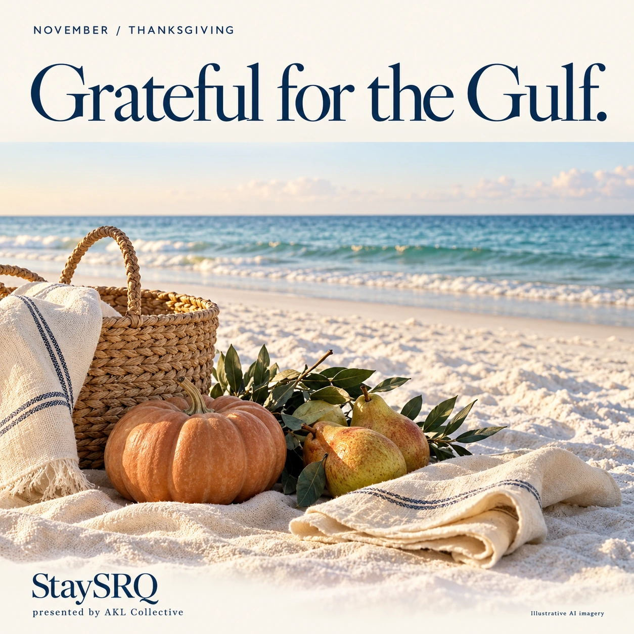Thanksgiving beach picnic: Grateful for the Gulf. StaySRQ, presented by AKL Collective. Illustrative AI imagery.